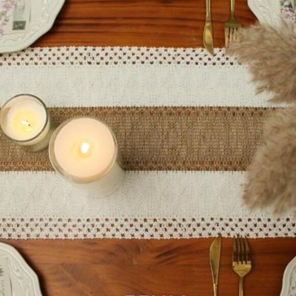 Boho Table Runner with Tassels - 72 Inc Cream & Brown Macrame Burlap-(12x72 Inch - Picture 6 of 8